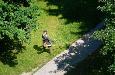 man working with tool on grassy landscape