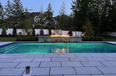 Pool with fire pit bar
